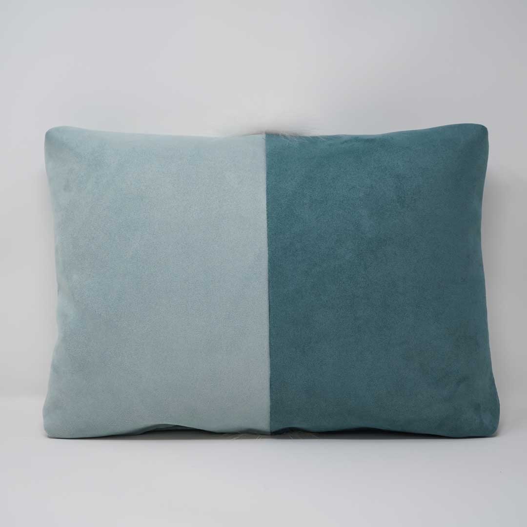 White Fox fur inlay Velvet Cushion- Slate Green& light green