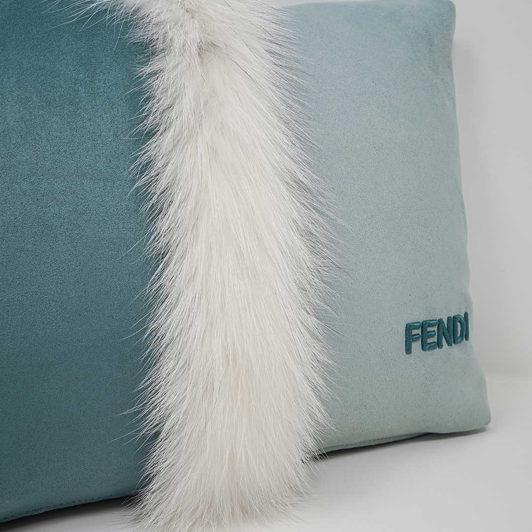 White Fox fur inlay Velvet Cushion- Slate Green&amp; light green