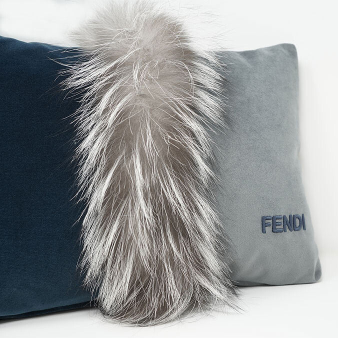 Fendi Velvet Fox Fur Inlay Cushion - Prussian Blue &amp;Steel Grey