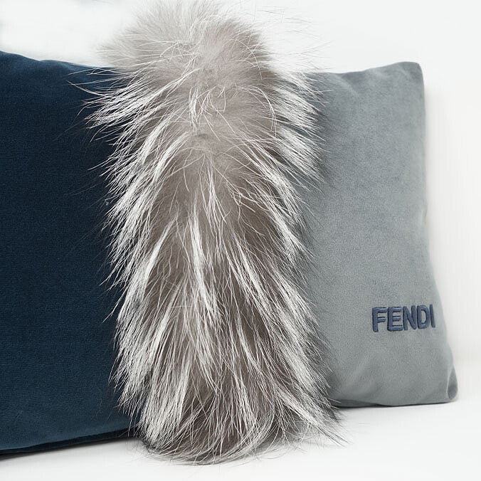 Fendi Velvet Fox Fur Inlay Cushion - Prussian Blue &Steel Grey