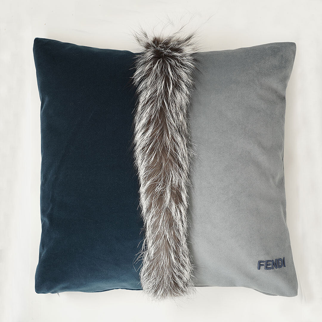 Two tone velvet cushion inlay with fox fur -Blue and steel grey