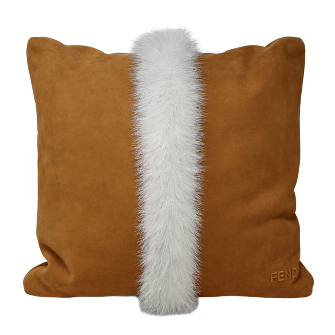 White Fox fur inlay leather Cushion - Orange