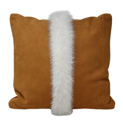 White Fox fur inlay leather Cushion - Orange