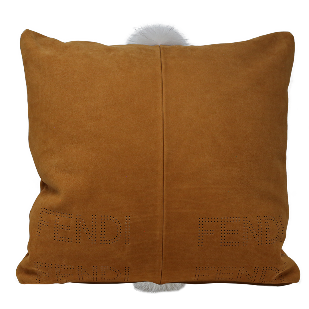 White Fox fur inlay leather Cushion - Orange