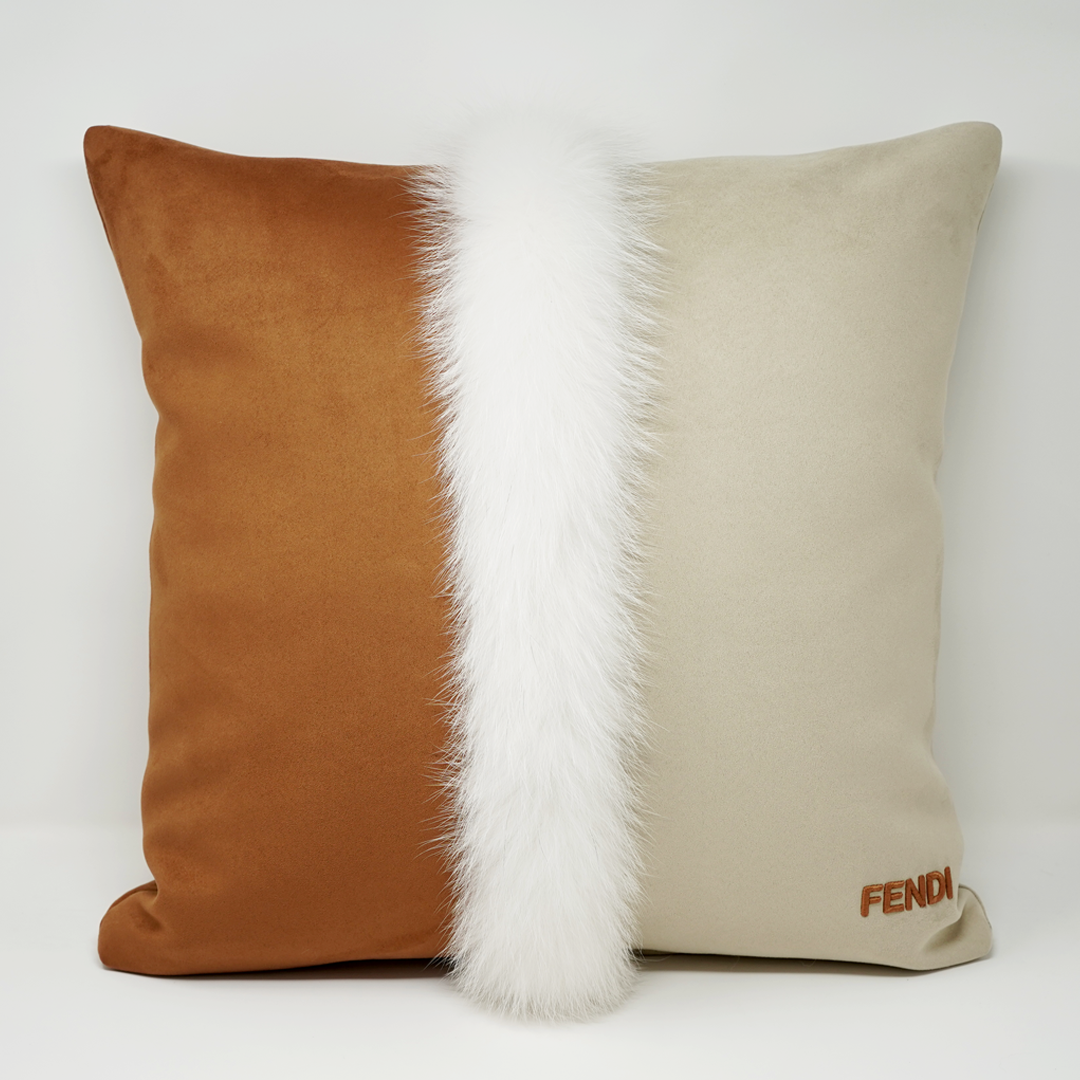 White Fox fur inlay Velvet Cushion - Caramel &amp; Beige