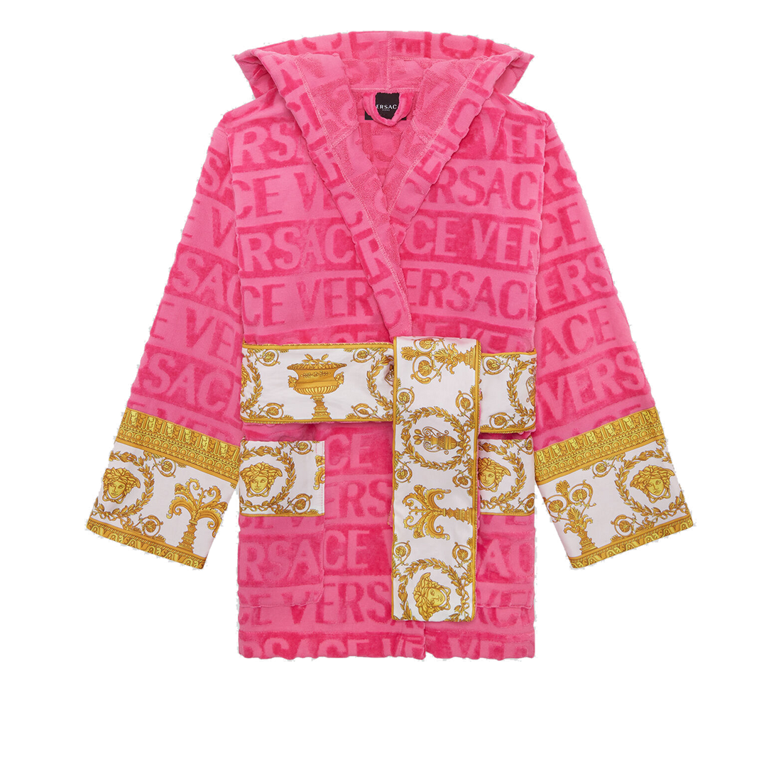 Versace Allover Short Bathrobe with Hood-Pink