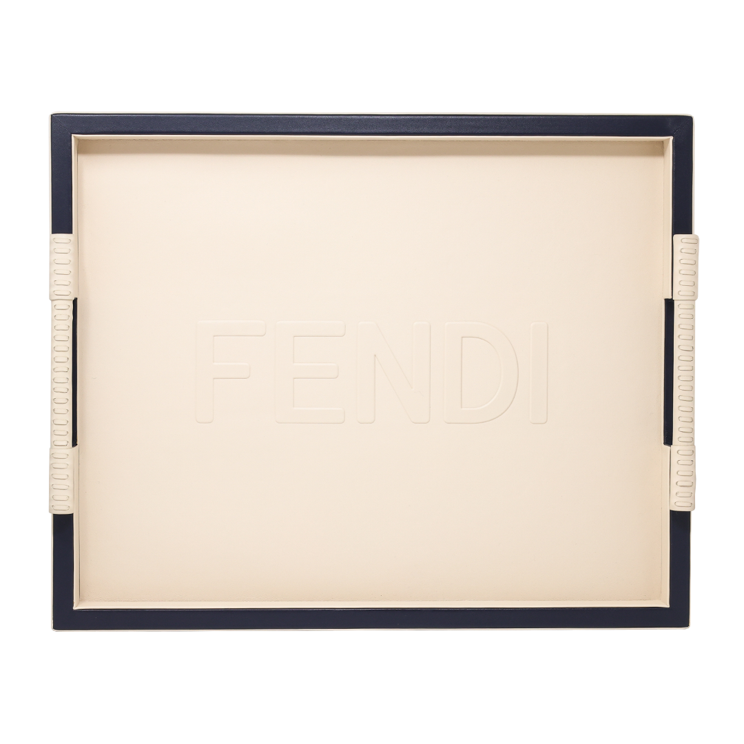 Fendi Casa Large Leather Tray with Handle -  Cream/Blue