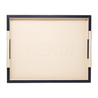 Fendi Casa Large Leather Tray with Handle -  Cream/Blue