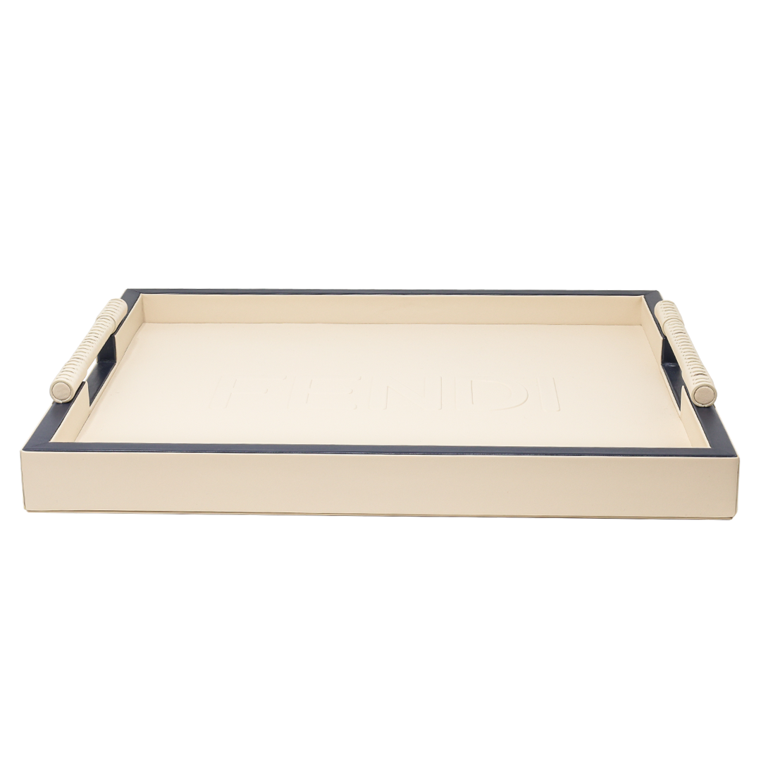 Fendi Casa Large Leather Tray with Handle -  Cream/Blue