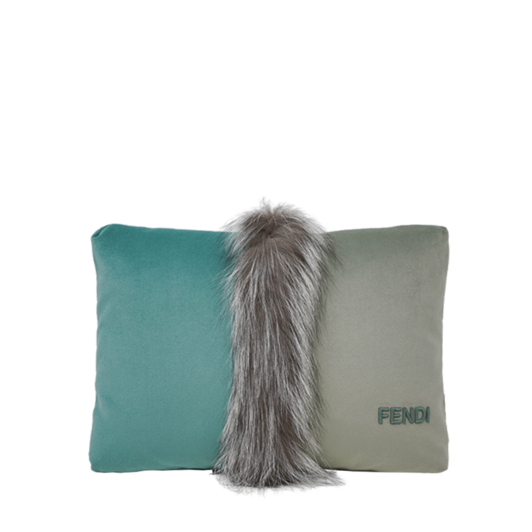 Fendi two-tone velvet fox fur inlay Cushion- Dusty Turquoise &amp; Light Green