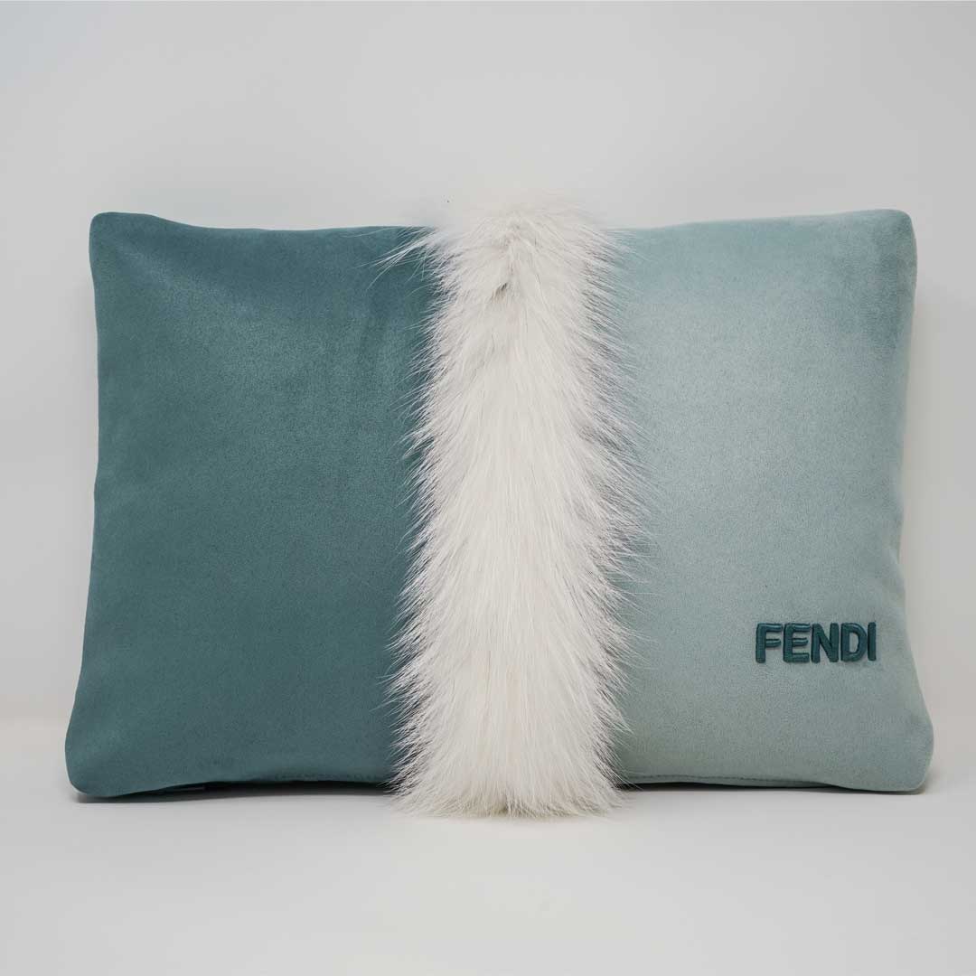 White Fox fur inlay Velvet Cushion- Slate Green&amp; light green