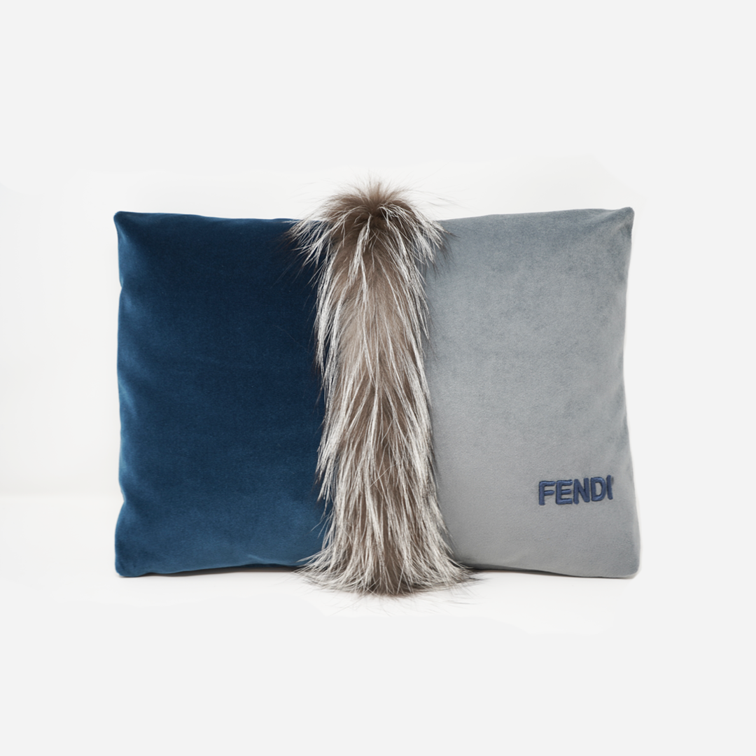 Fendi Velvet Fox Fur Inlay Cushion - Prussian Blue &amp;Steel Grey