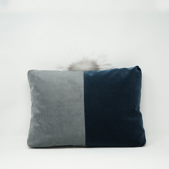 Fendi Velvet Fox Fur Inlay Cushion - Prussian Blue &amp;Steel Grey