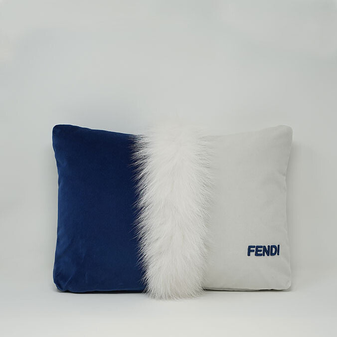 Fendi Velvet Fox Fur Inlay Cushion -  French Blue &amp; Cloud