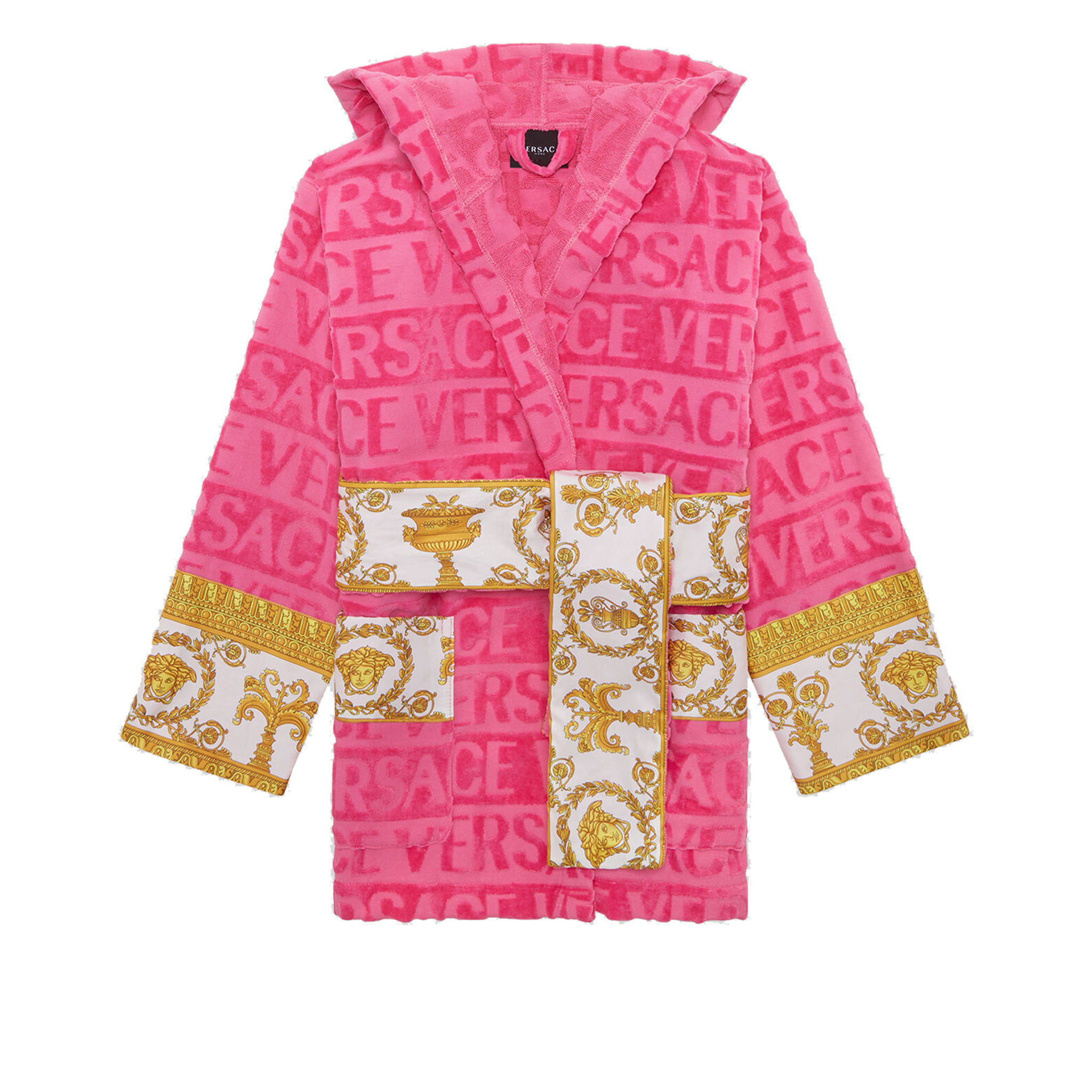Versace Allover Short Bathrobe with Hood-Pink