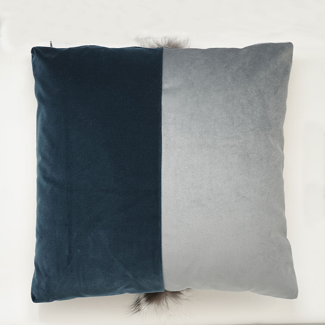 Two tone velvet cushion inlay with fox fur -Blue and steel grey